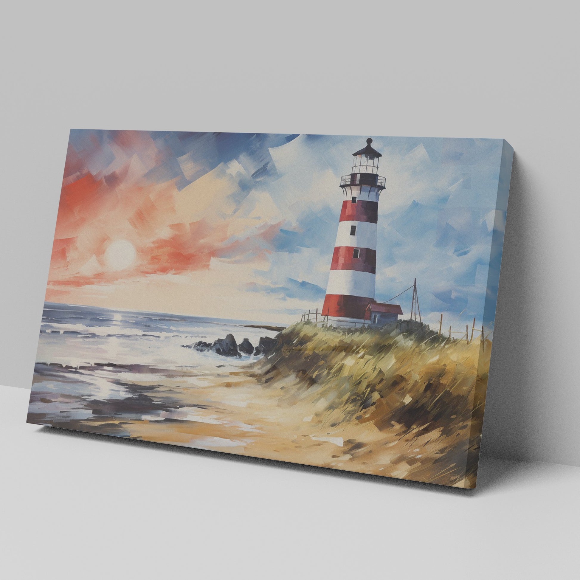 Impressionistic painting of a red and white lighthouse at sunset with vivid blue and orange sky