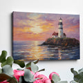 Impressionistic painting of a lighthouse on a cliff at sunset with vibrant orange, pink, and blue sky reflected in water