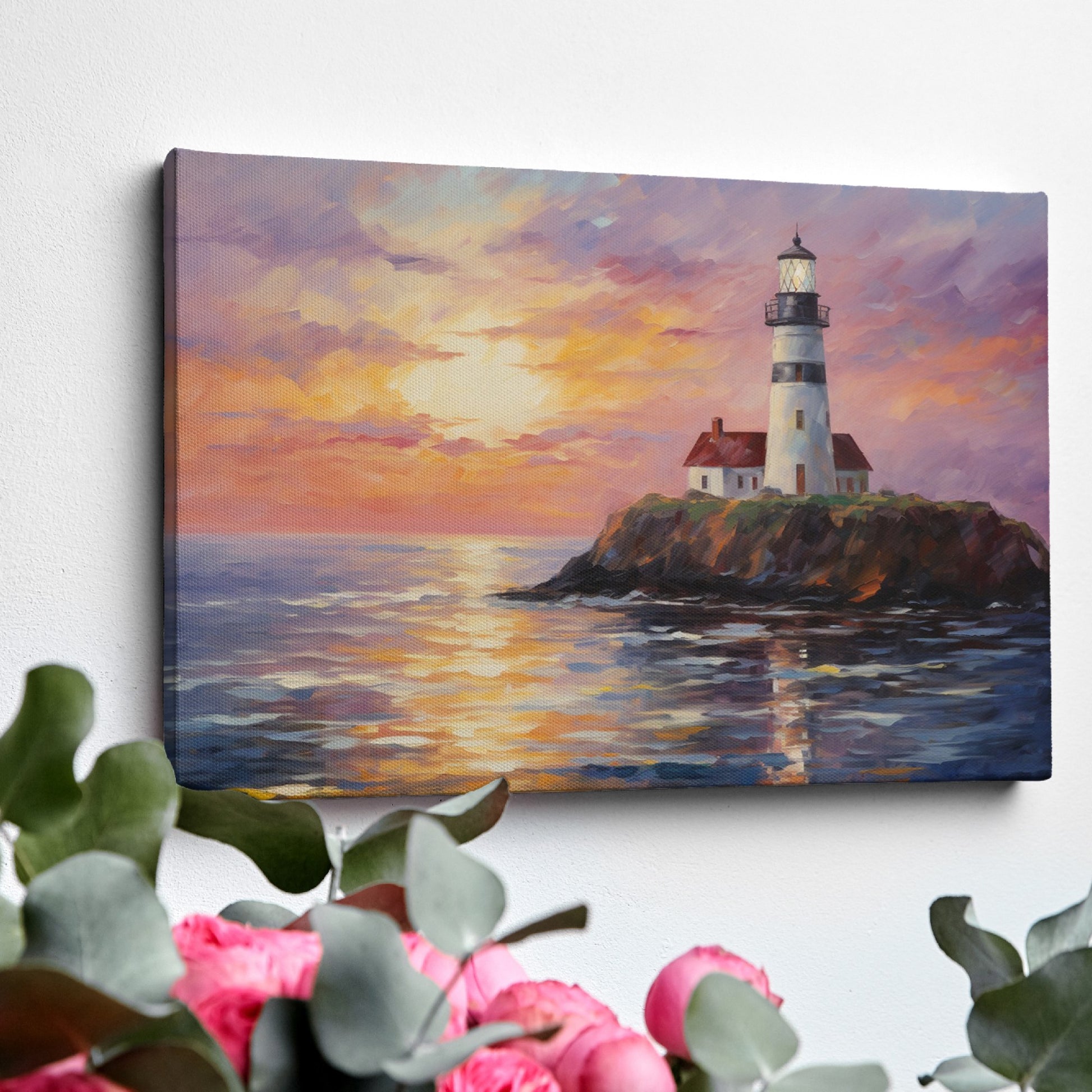 Impressionistic painting of a lighthouse on a cliff at sunset with vibrant orange, pink, and blue sky reflected in water