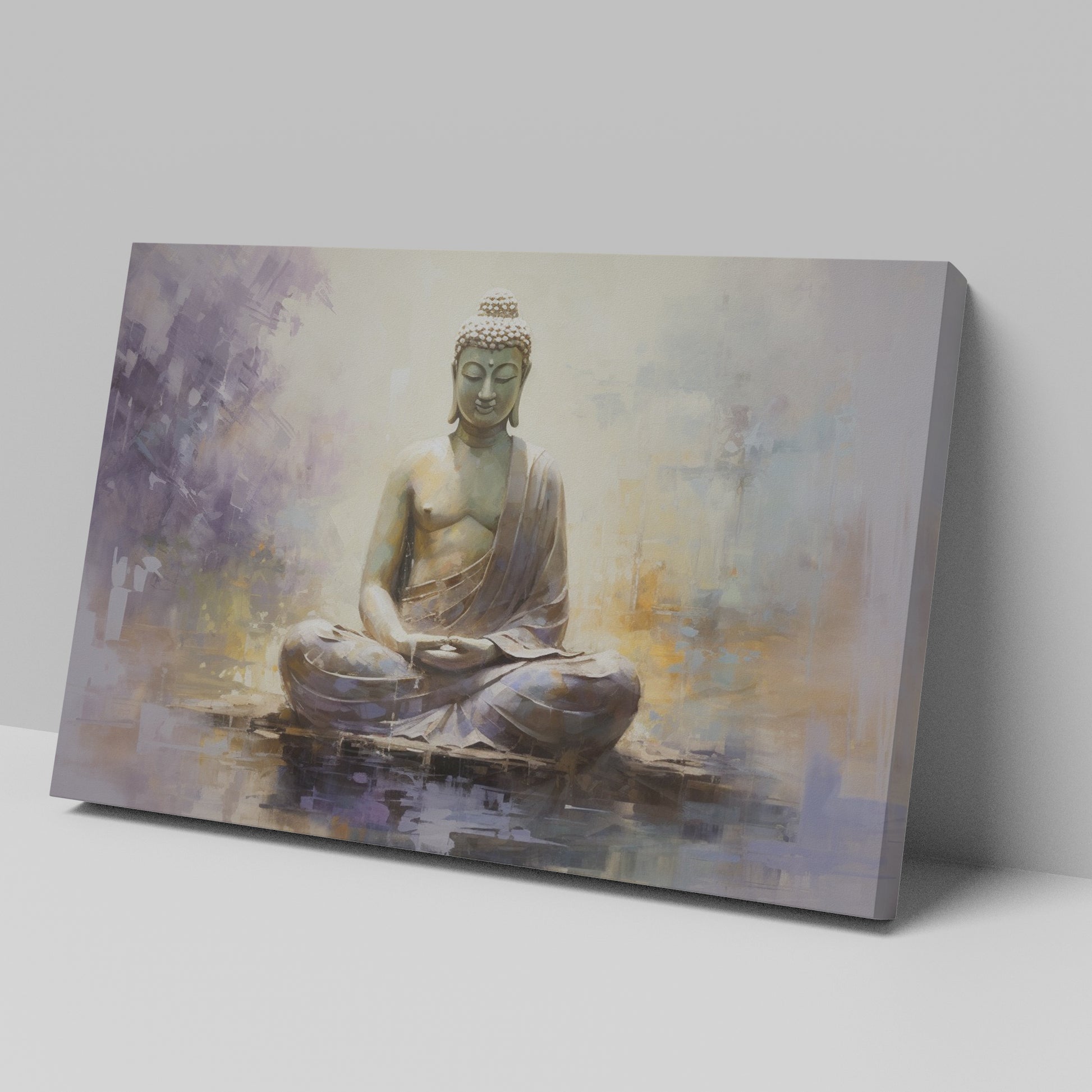 Framed canvas print depicting a serene Buddha in meditation, with textured strokes and a peaceful color palette