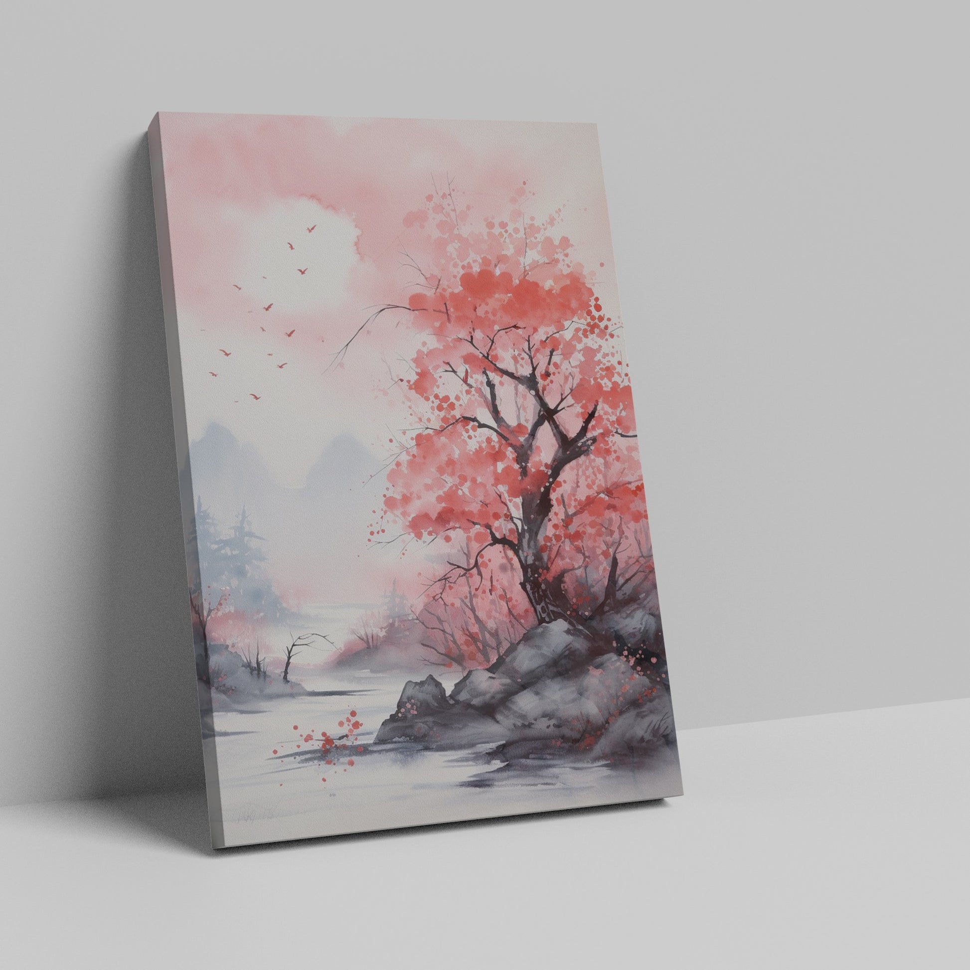 Watercolor painting of pink cherry blossoms with a misty mountain landscape and flying birds.