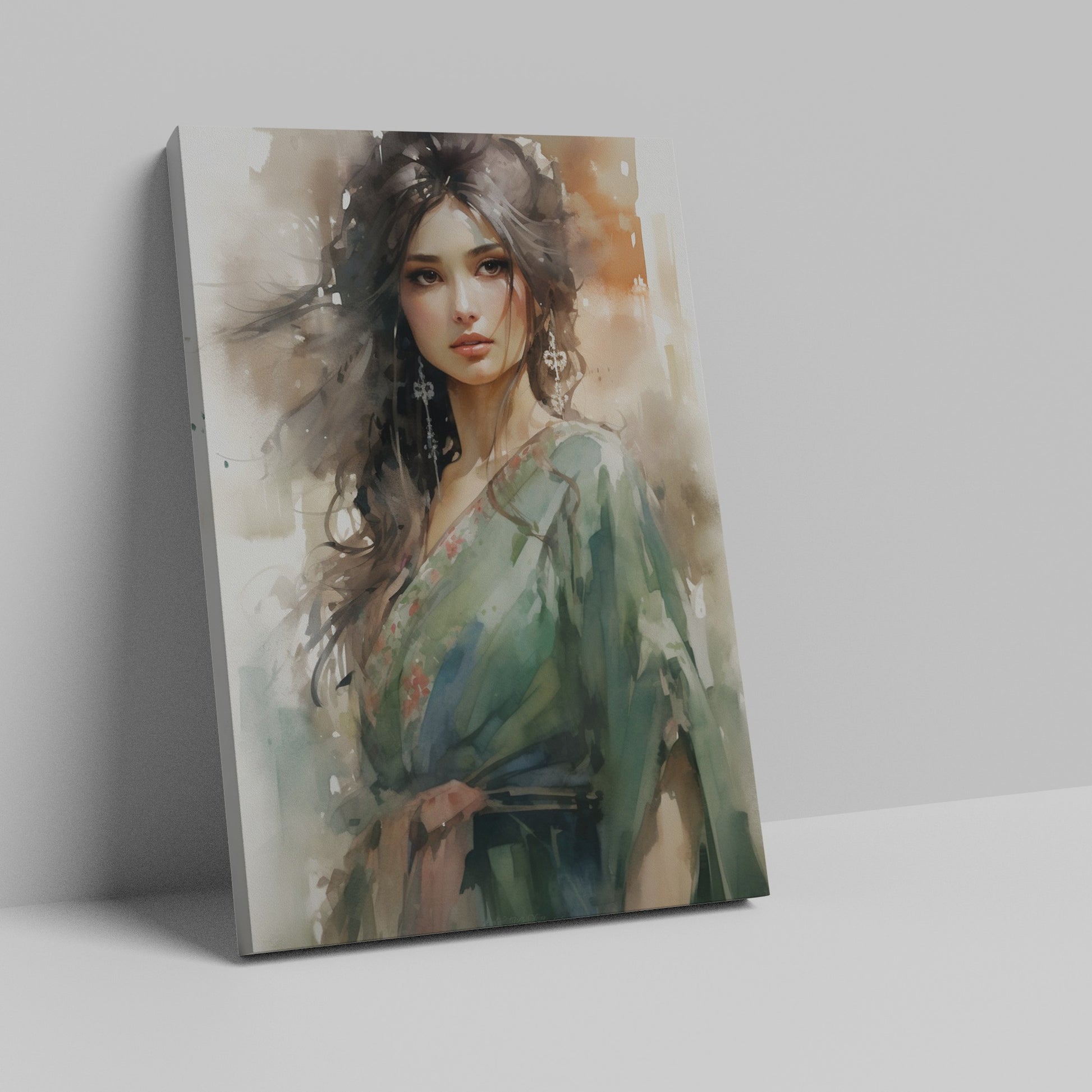 Watercolour-style portrait of a woman in green with brown accents and floral design elements