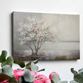 Textured painting of a tree with white flowers and its reflection on water, on a beige and brown background