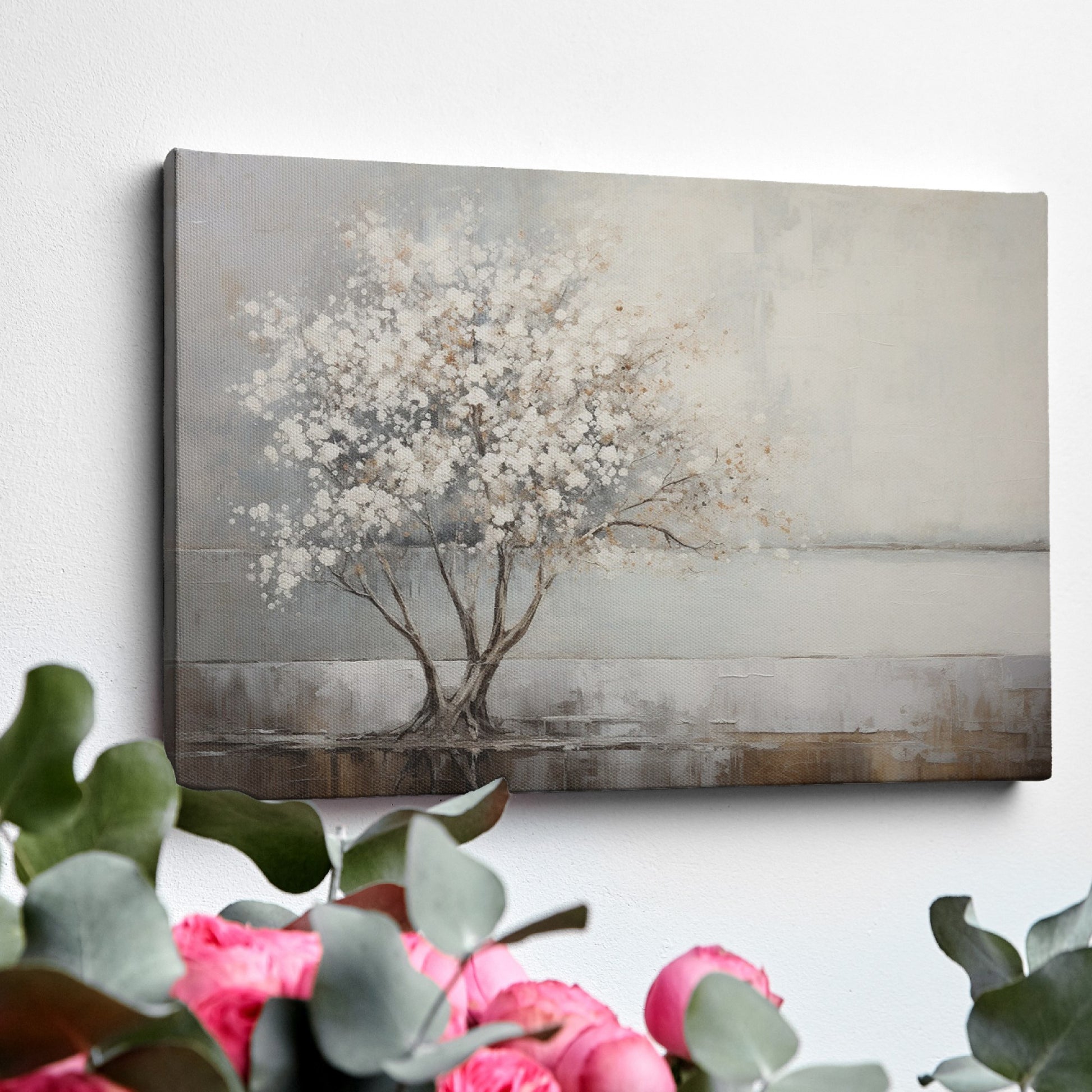 Textured painting of a tree with white flowers and its reflection on water, on a beige and brown background