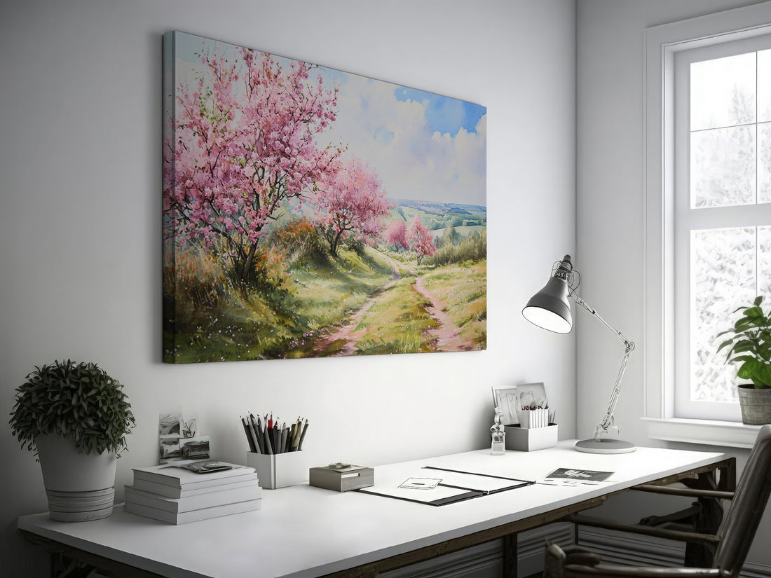 Canvas print of a countryside path with pink cherry blossoms and green fields under a blue sky with clouds.