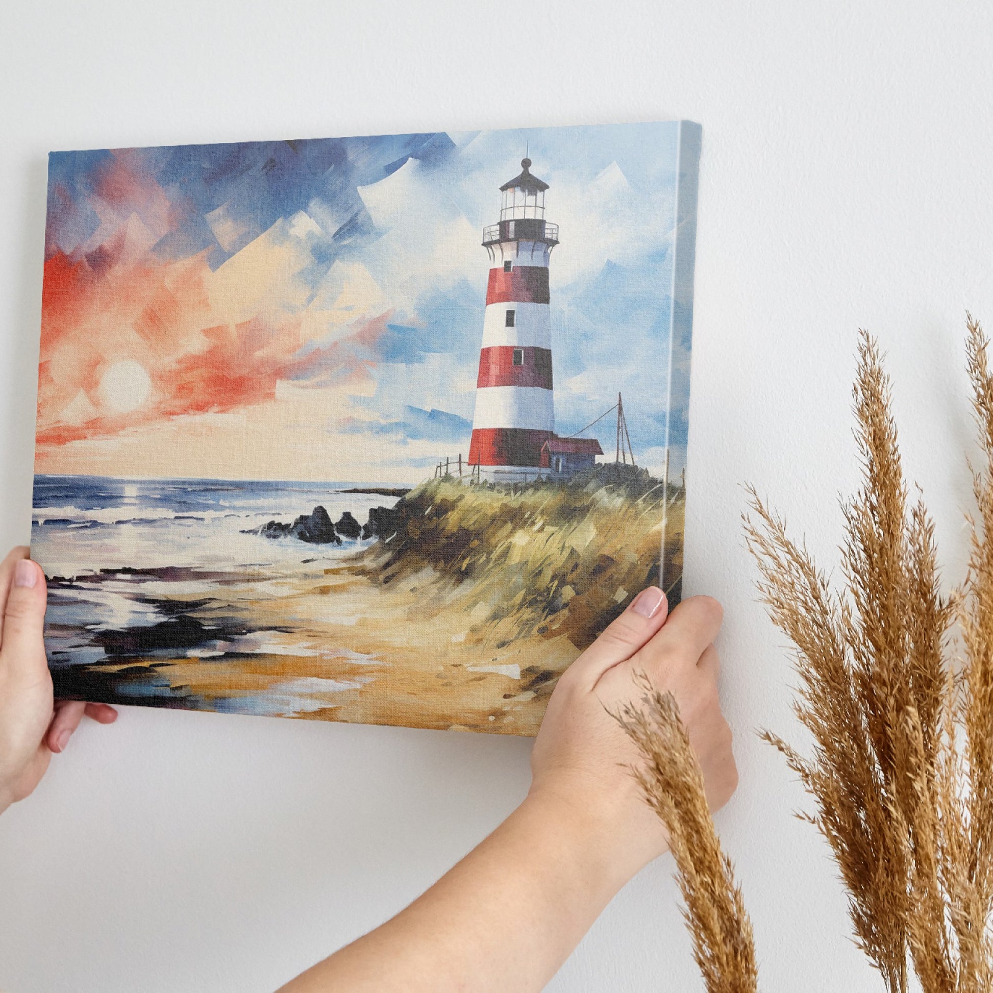 Impressionistic painting of a red and white lighthouse at sunset with vivid blue and orange sky