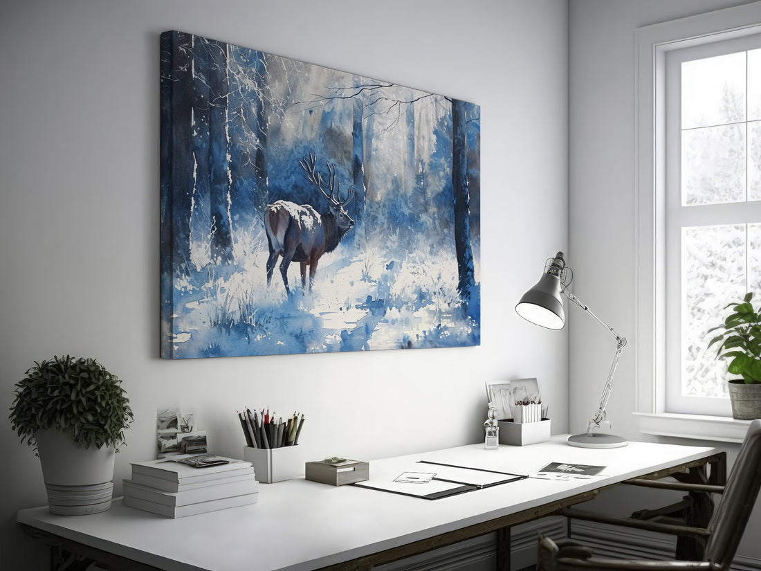 Watercolor painting of a majestic stag in a snowy blue forest
