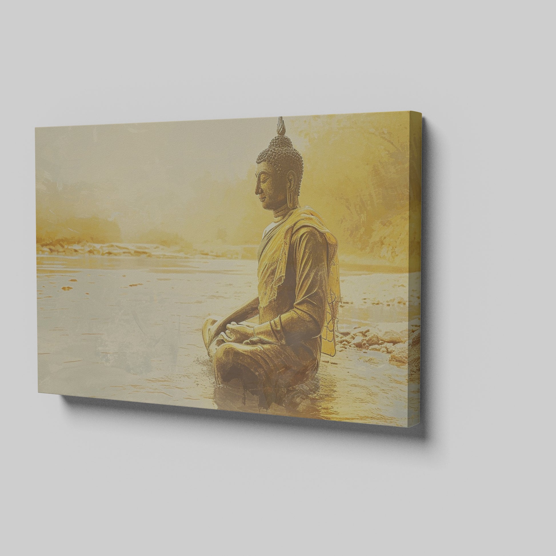 Framed canvas print of a Golden Buddha statue sitting in meditation by the water