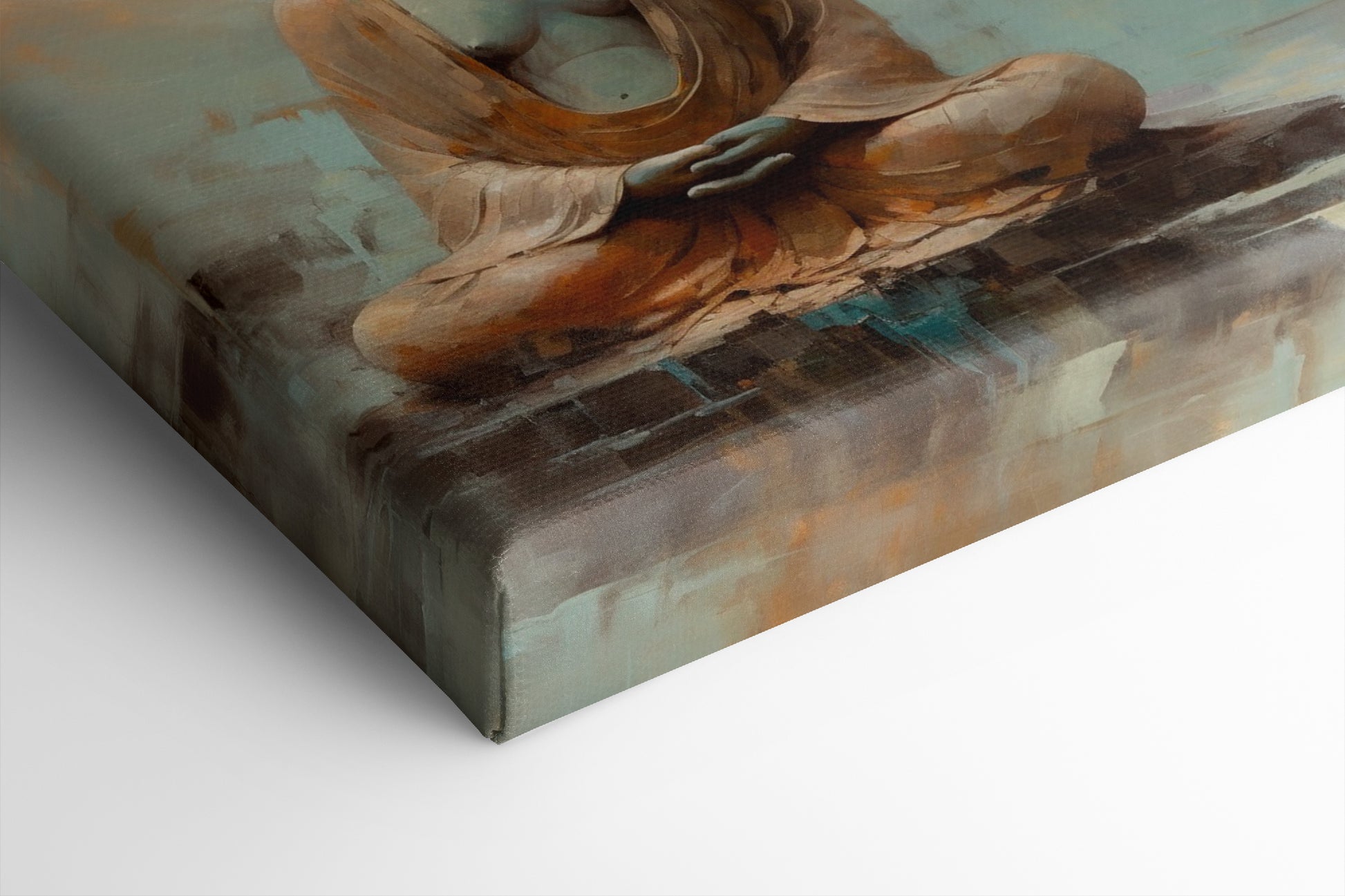 Framed canvas print of a serene Buddha in meditative pose with earthy tones