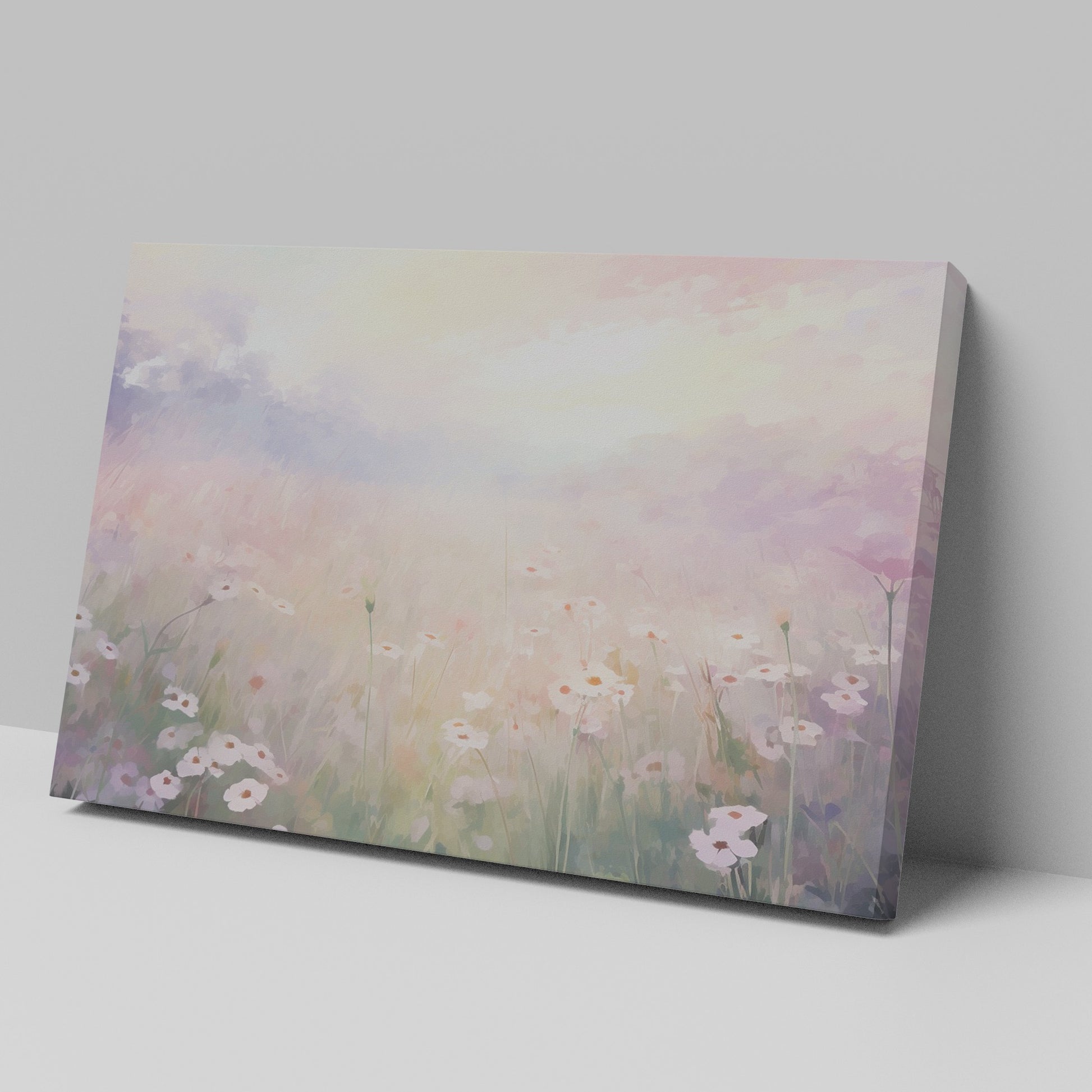 Framed canvas print of an impressionist painting of a daisy meadow at sunrise with soft pastel colours