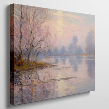 Impressionist painting of a river landscape with trees and sunset reflections