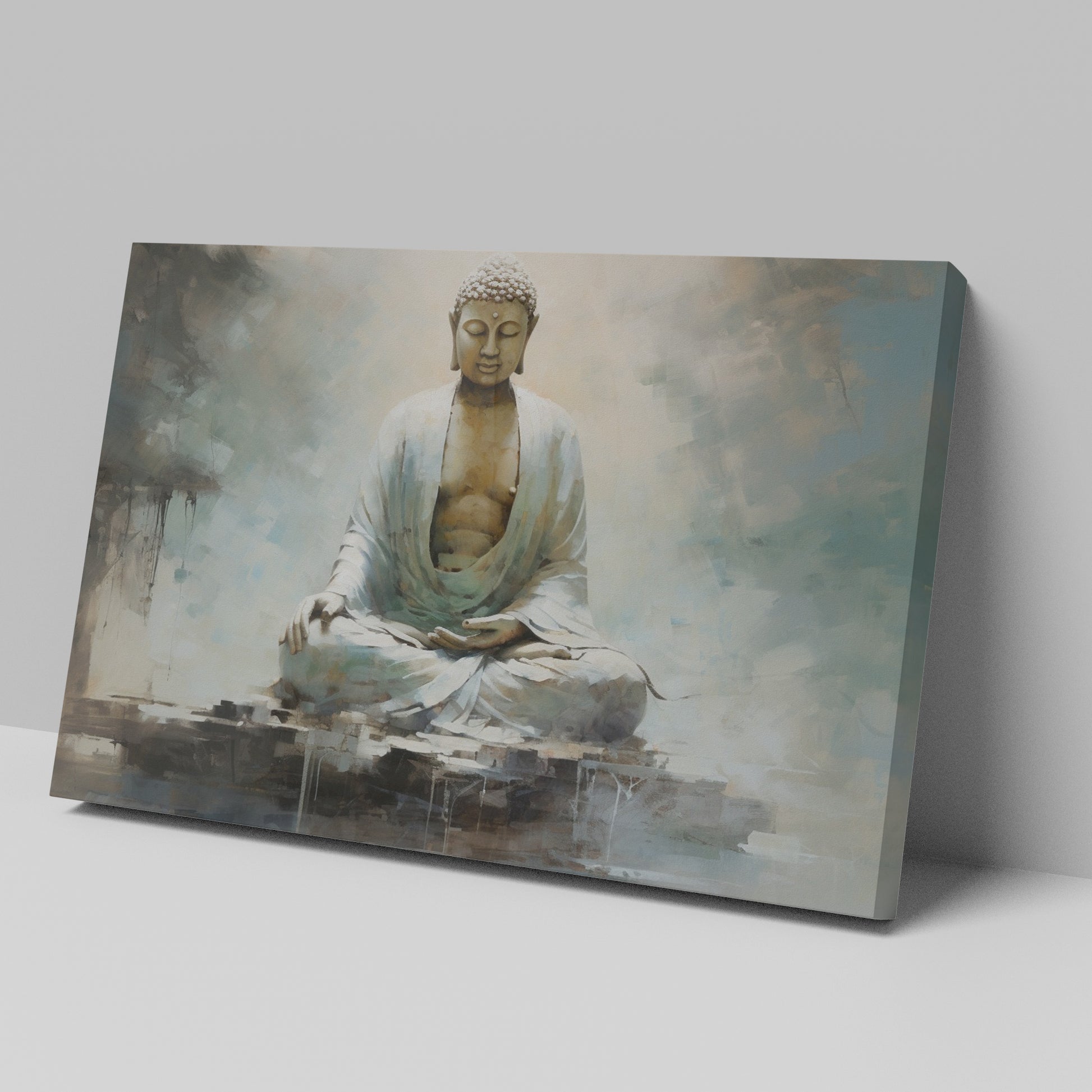 Framed canvas print of a serene Buddha in meditation with abstract, earthy tones