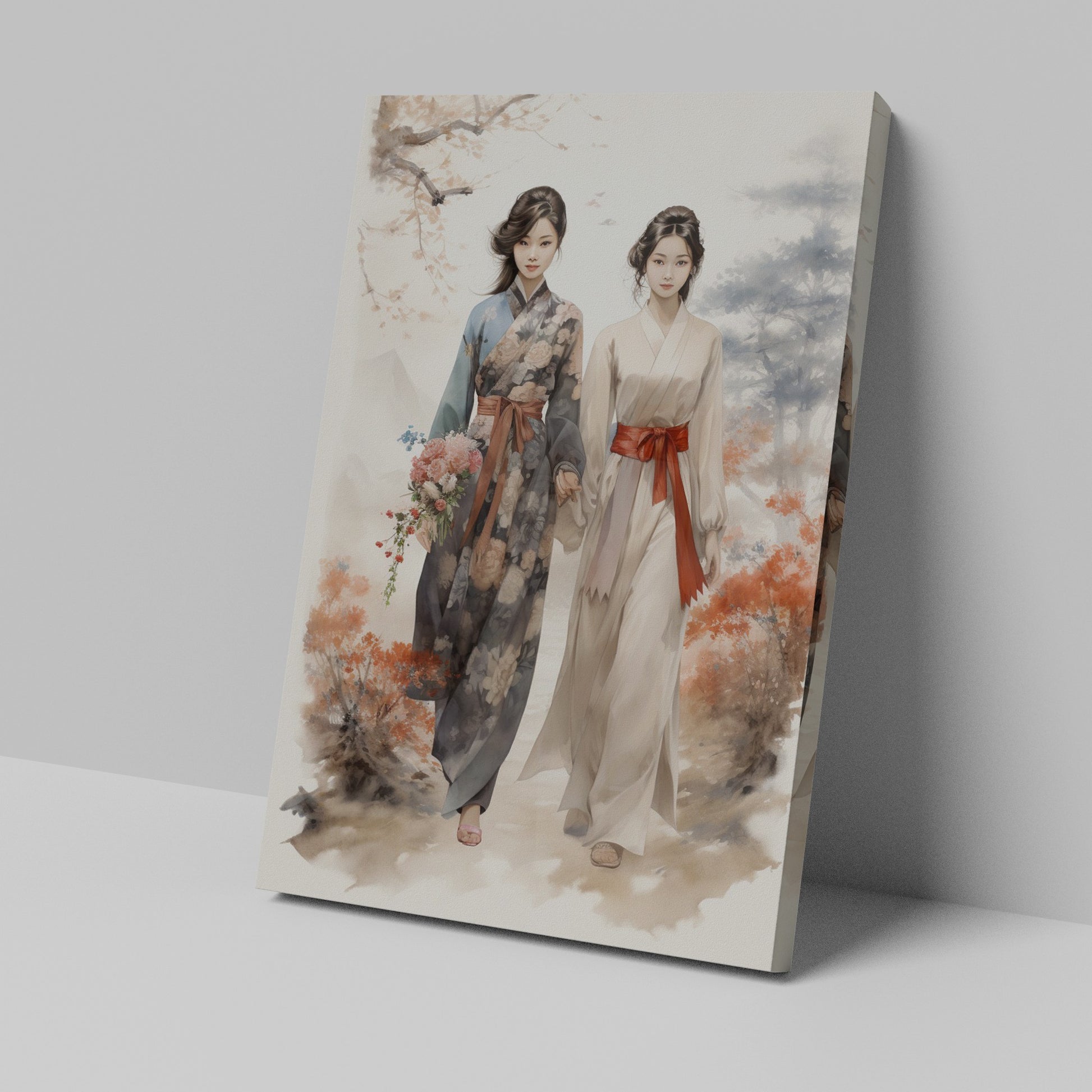 Digital painting of two women in traditional kimonos with cherry blossoms