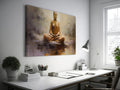 Canvas print of a meditating Buddha in warm amber and brown tones on a textured abstract background