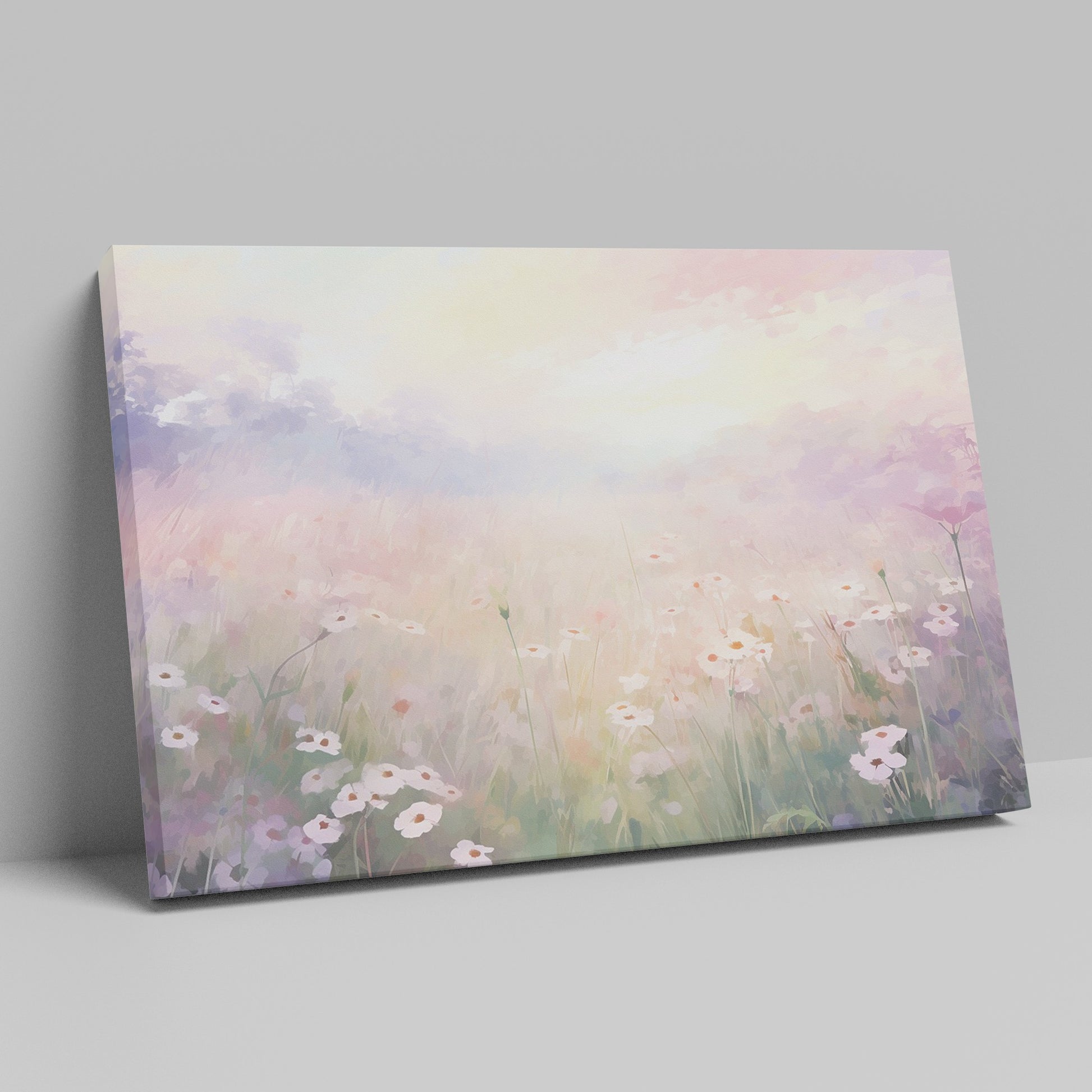Framed canvas print of an impressionist painting of a daisy meadow at sunrise with soft pastel colours