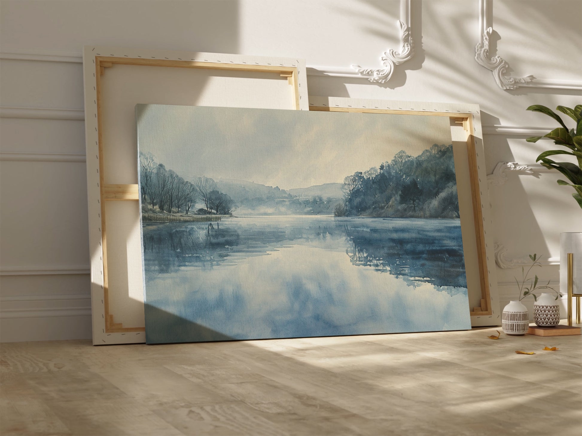 Framed canvas print of a serene lakeside watercolor painting with soft blue and grey tones