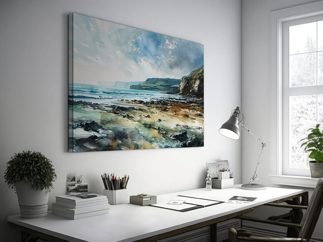 Watercolour painting of a tranquil seascape with cliffs, a calm sea and a blue sky with clouds