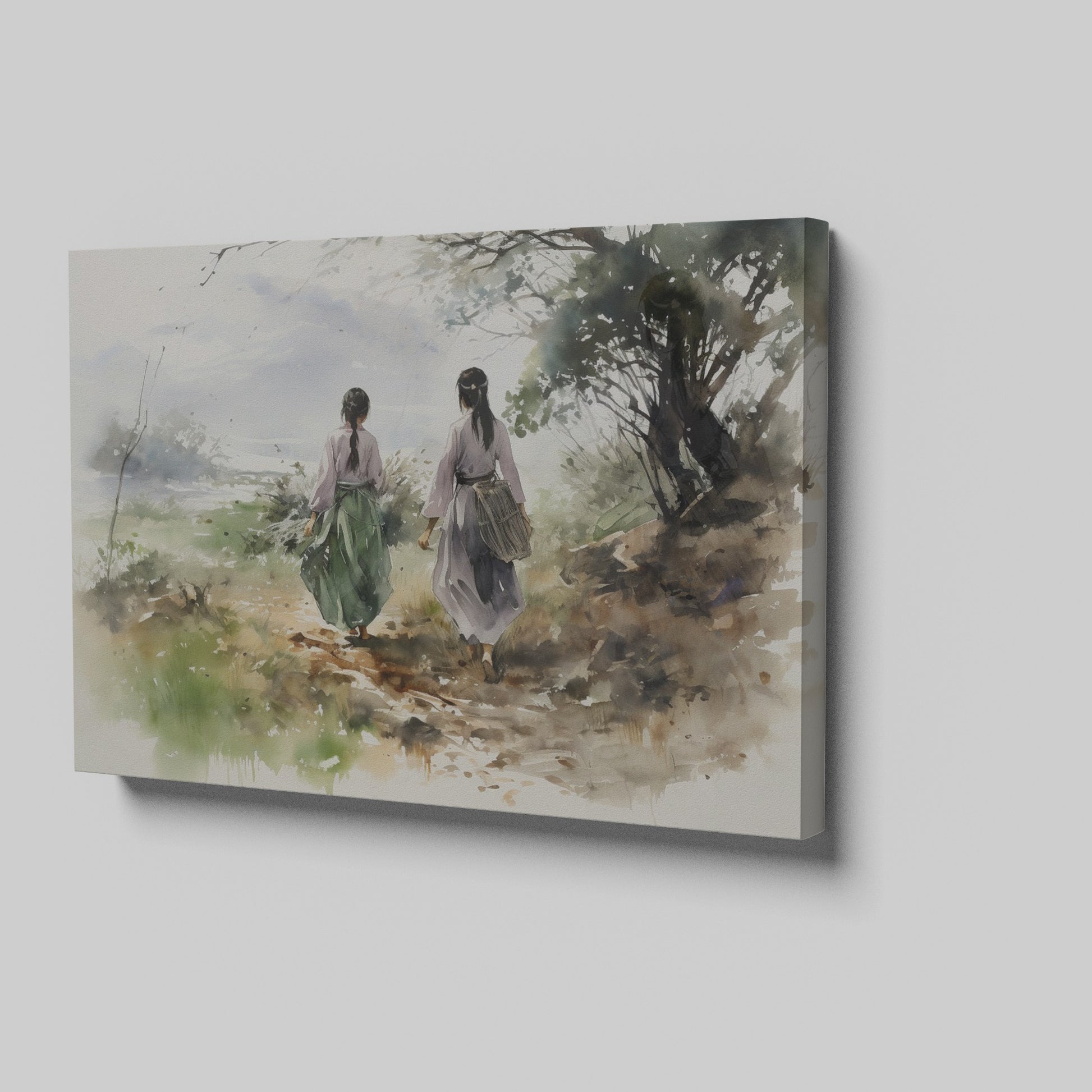 Watercolor painting of two figures in traditional attire walking through a natural landscape