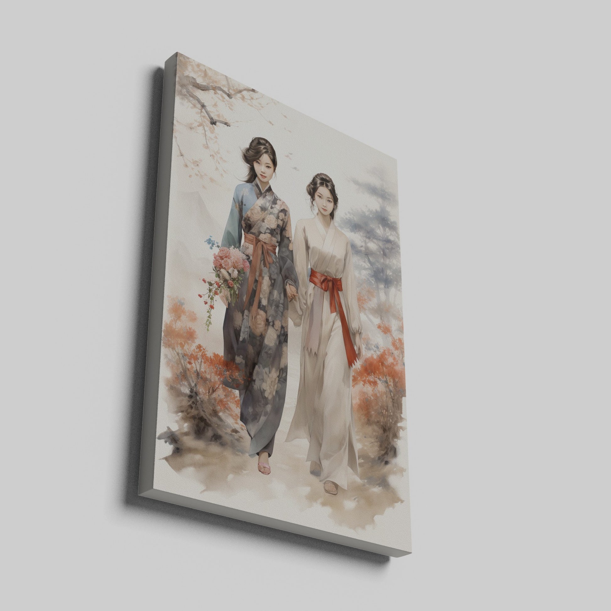 Digital painting of two women in traditional kimonos with cherry blossoms