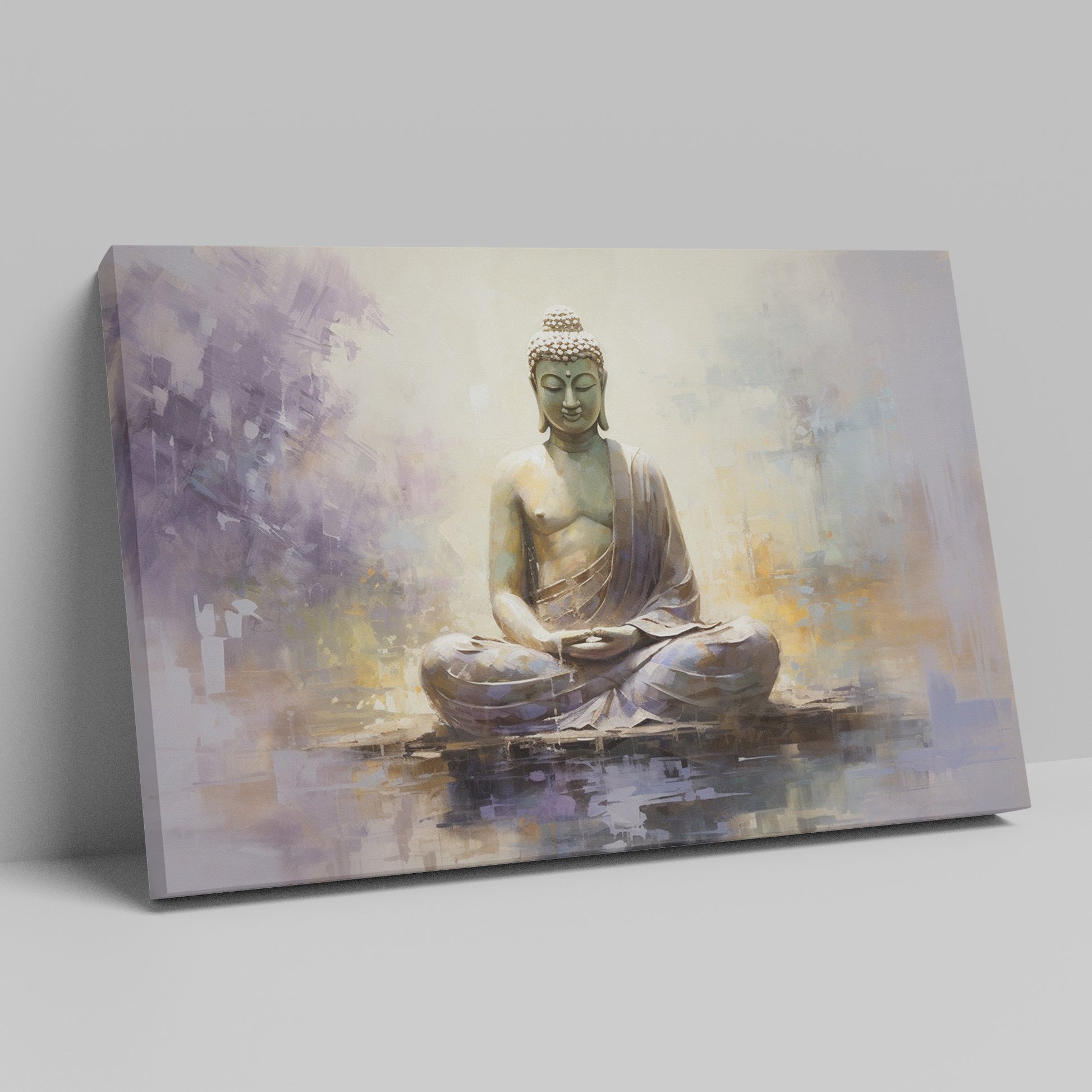 Framed canvas print depicting a serene Buddha in meditation, with textured strokes and a peaceful color palette