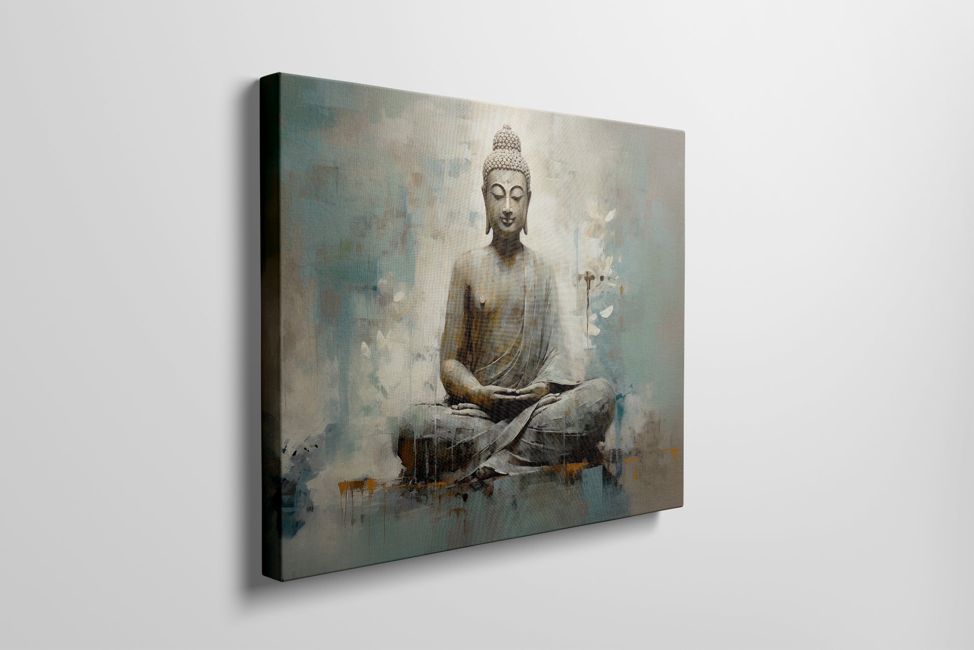 Canvas print of a meditating Buddha in beige and turquoise hues conveying serenity and spirituality.