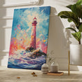 Framed canvas print of an abstract lighthouse and seascape with bold, vibrant colours