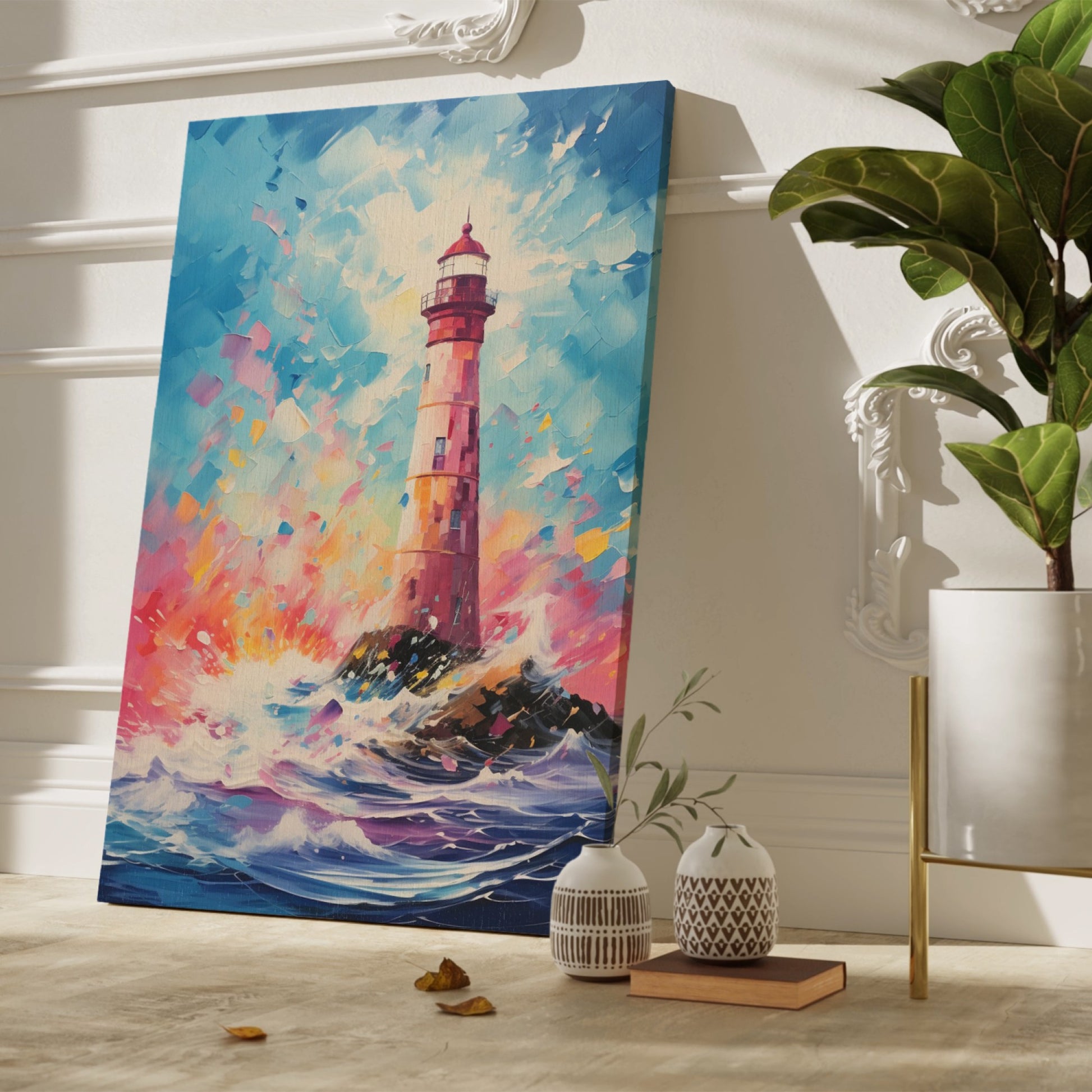 Framed canvas print of an abstract lighthouse and seascape with bold, vibrant colours