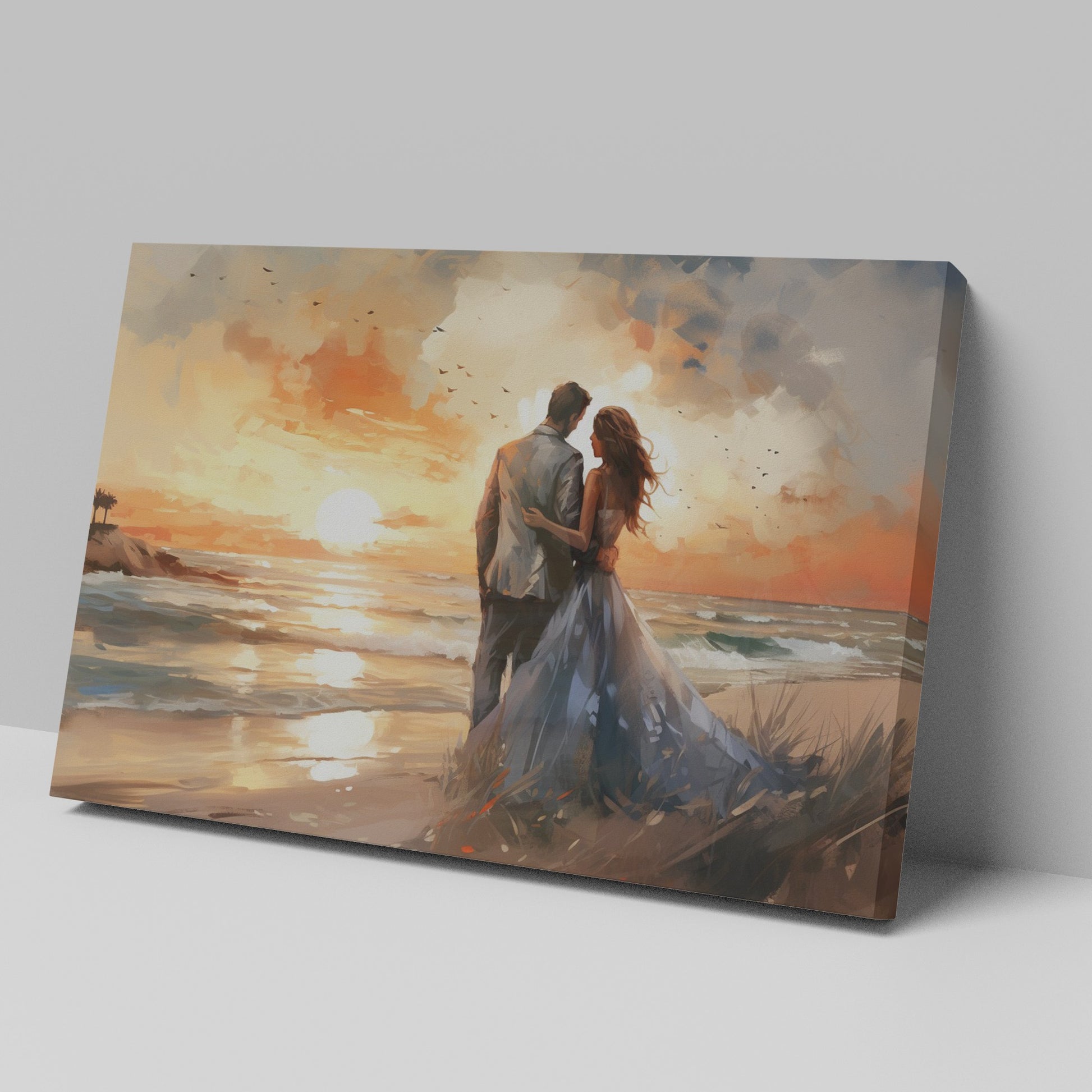 Framed canvas print of a couple embracing on a beach at sunset with vibrant warm colours and soft lighting