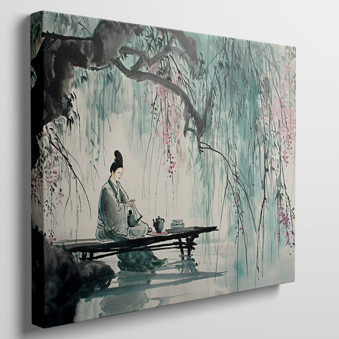 Framed canvas print of traditional Chinese garden scene with willow trees and a seated woman