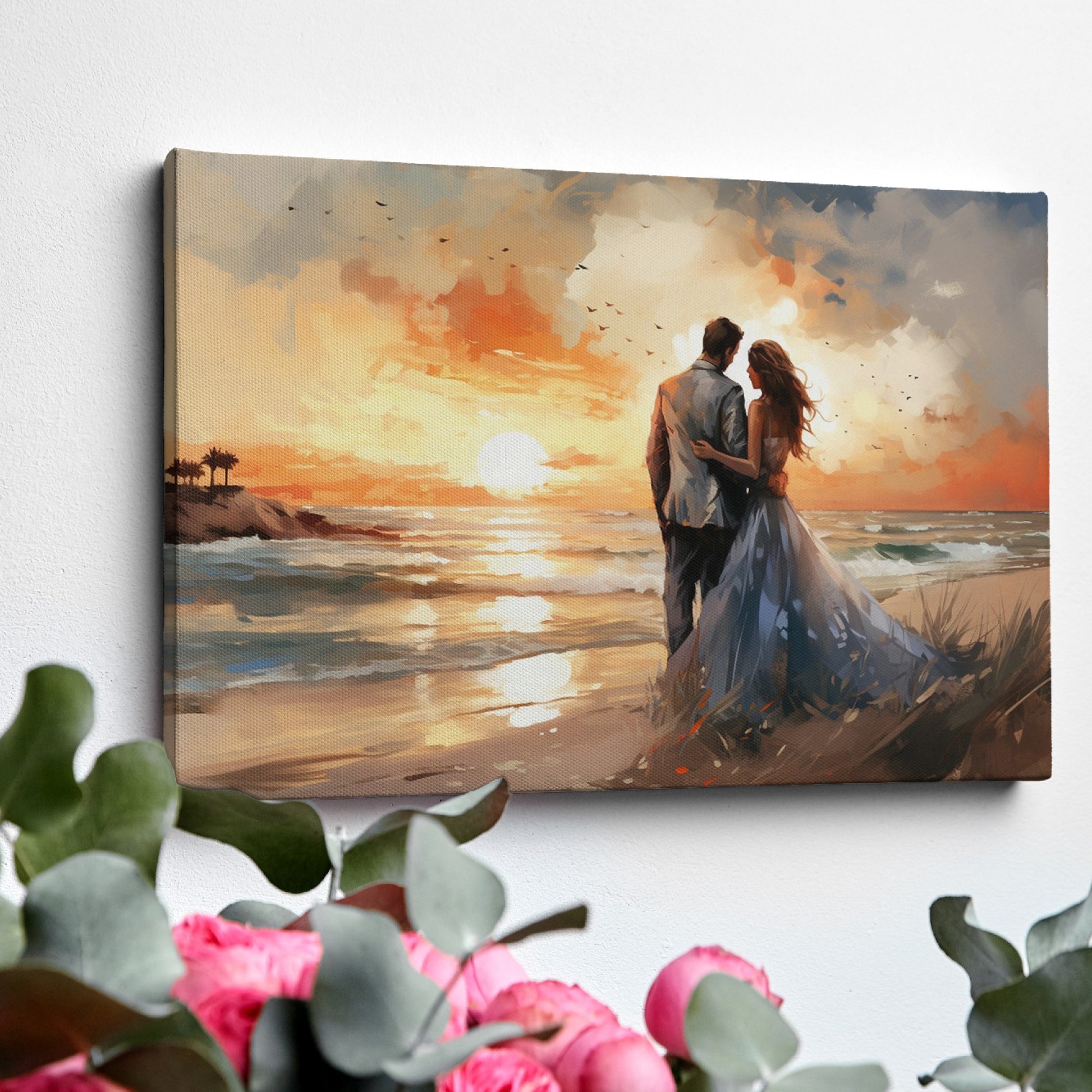 Framed canvas print of a couple embracing on a beach at sunset with vibrant warm colours and soft lighting