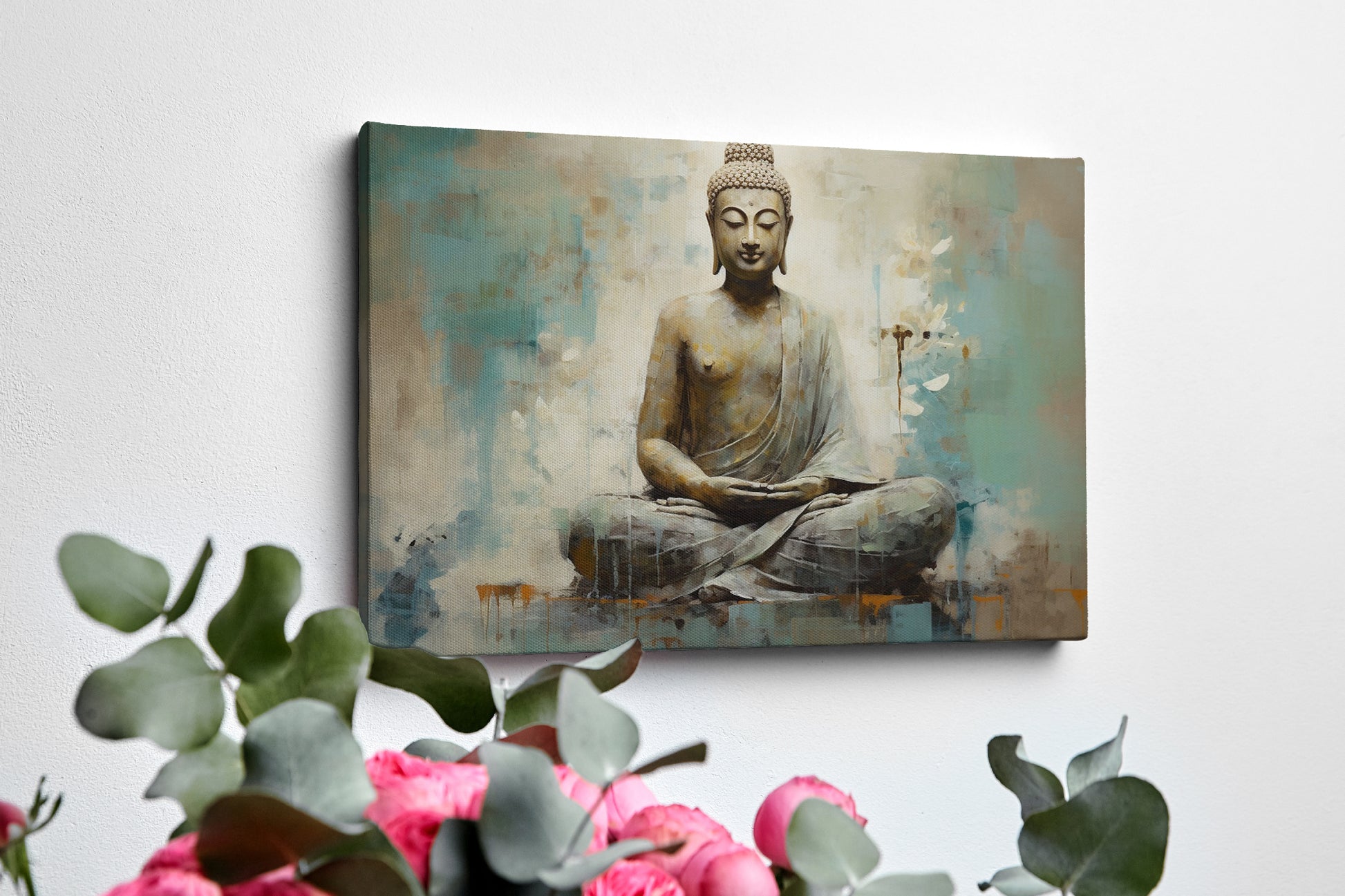 Canvas print of a meditating Buddha in beige and turquoise hues conveying serenity and spirituality.
