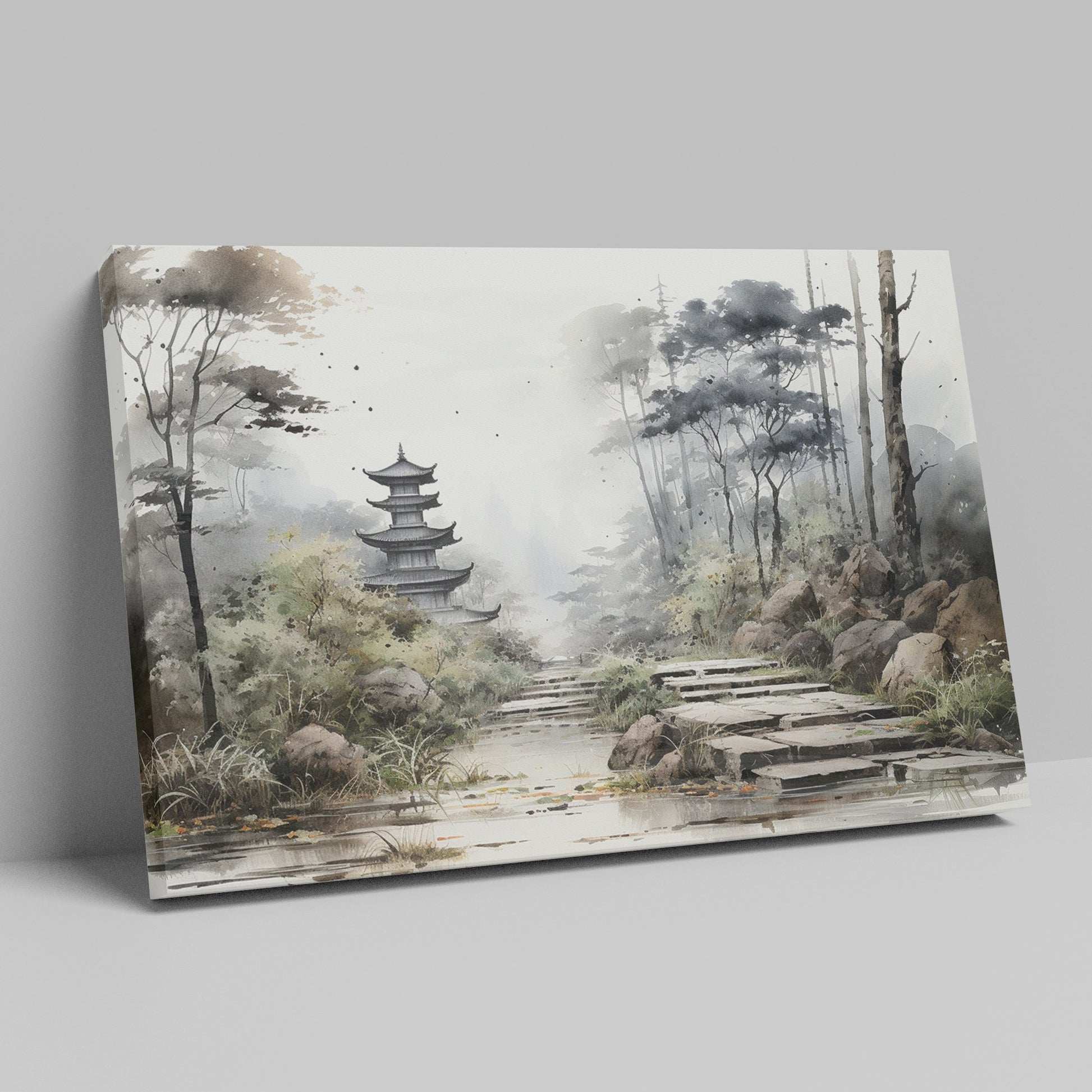 Framed canvas print of a misty oriental landscape with a pagoda and stone path