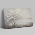 Textured painting of a tree with white flowers and its reflection on water, on a beige and brown background