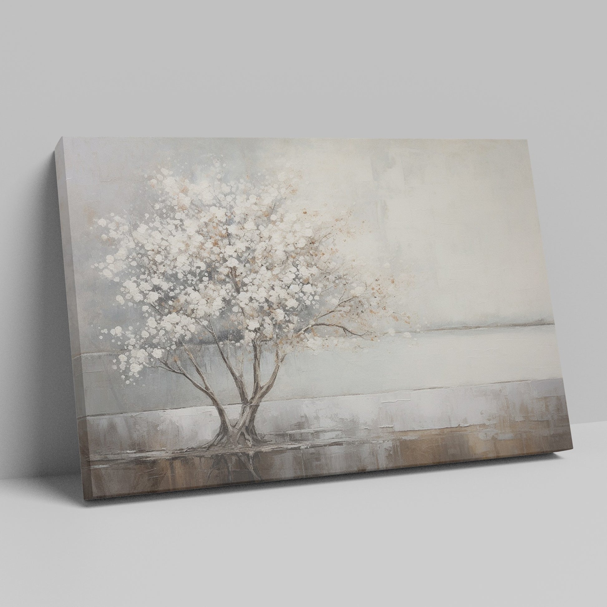 Textured painting of a tree with white flowers and its reflection on water, on a beige and brown background