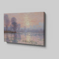 Impressionist-style painting of a peaceful river landscape at sunrise with reflections and tall trees.