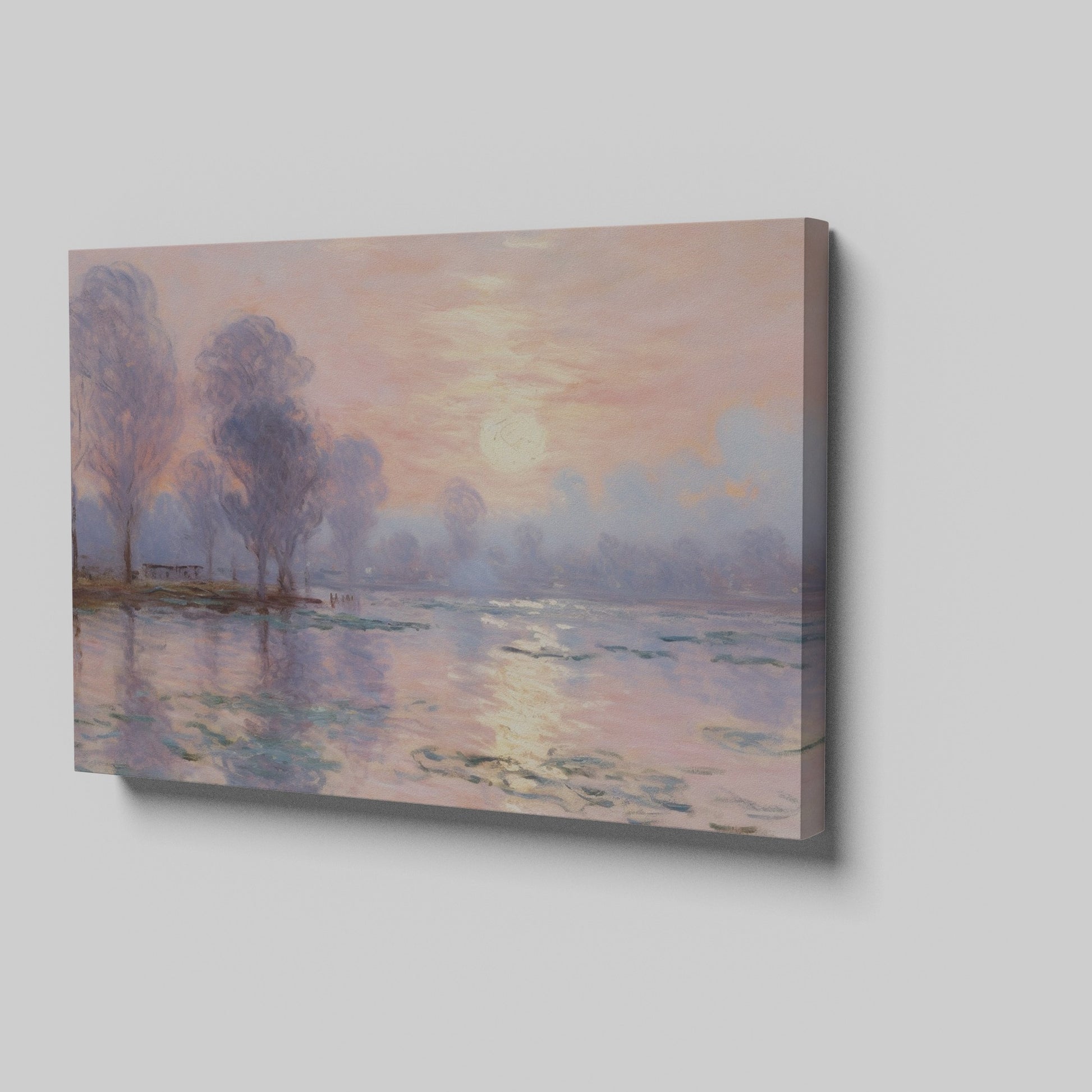 Impressionist-style painting of a peaceful river landscape at sunrise with reflections and tall trees.