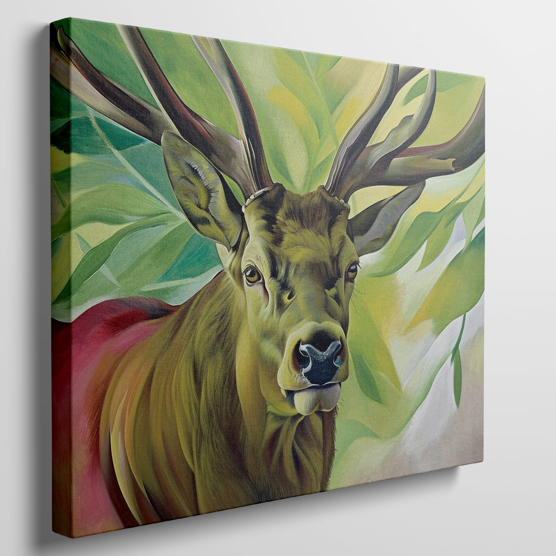 Canvas print of a stylised stag with predominant green and yellow tones and a modern art style