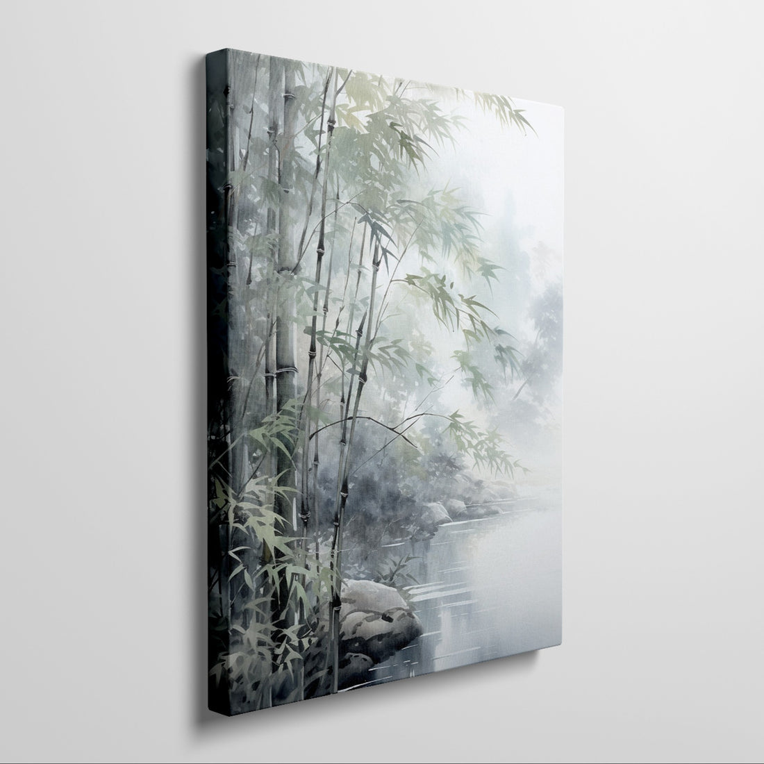 Framed canvas print of a misty bamboo grove with soft watercolour finishes