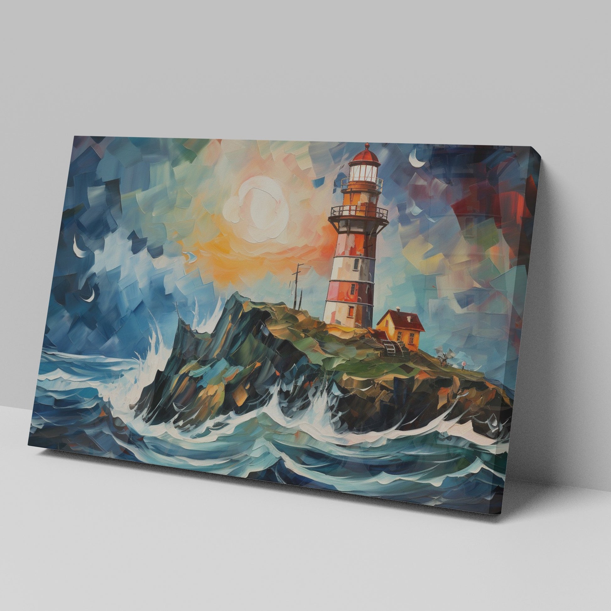 Framed canvas print of an abstract lighthouse seascape with vibrant sunset and dynamic brushstrokes