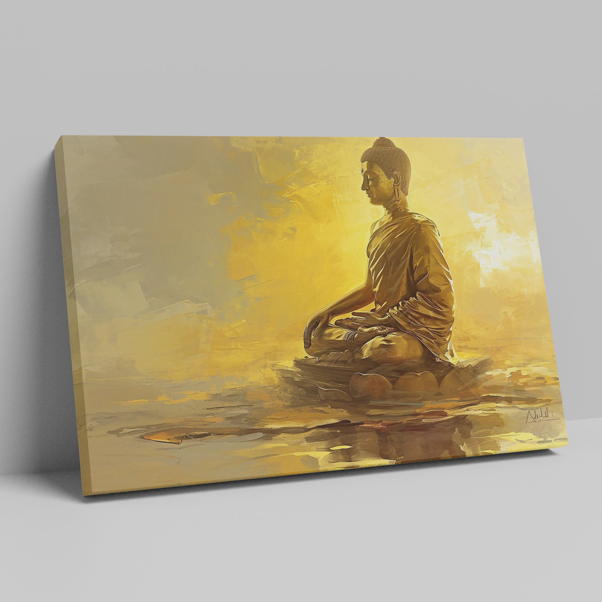 Framed canvas print of a golden Buddha in meditation