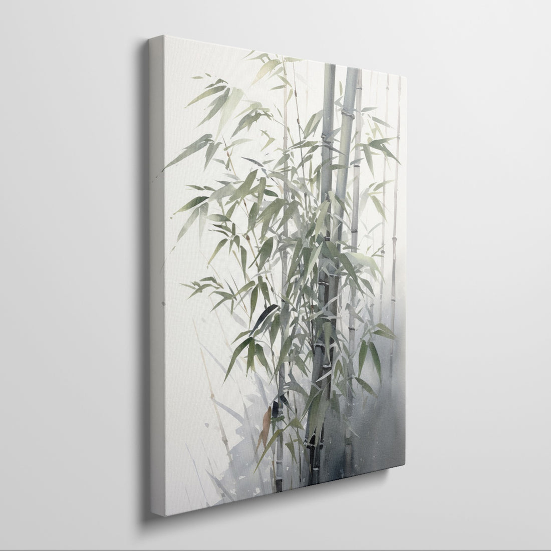 Framed watercolour painting of bamboo against a soft misty background