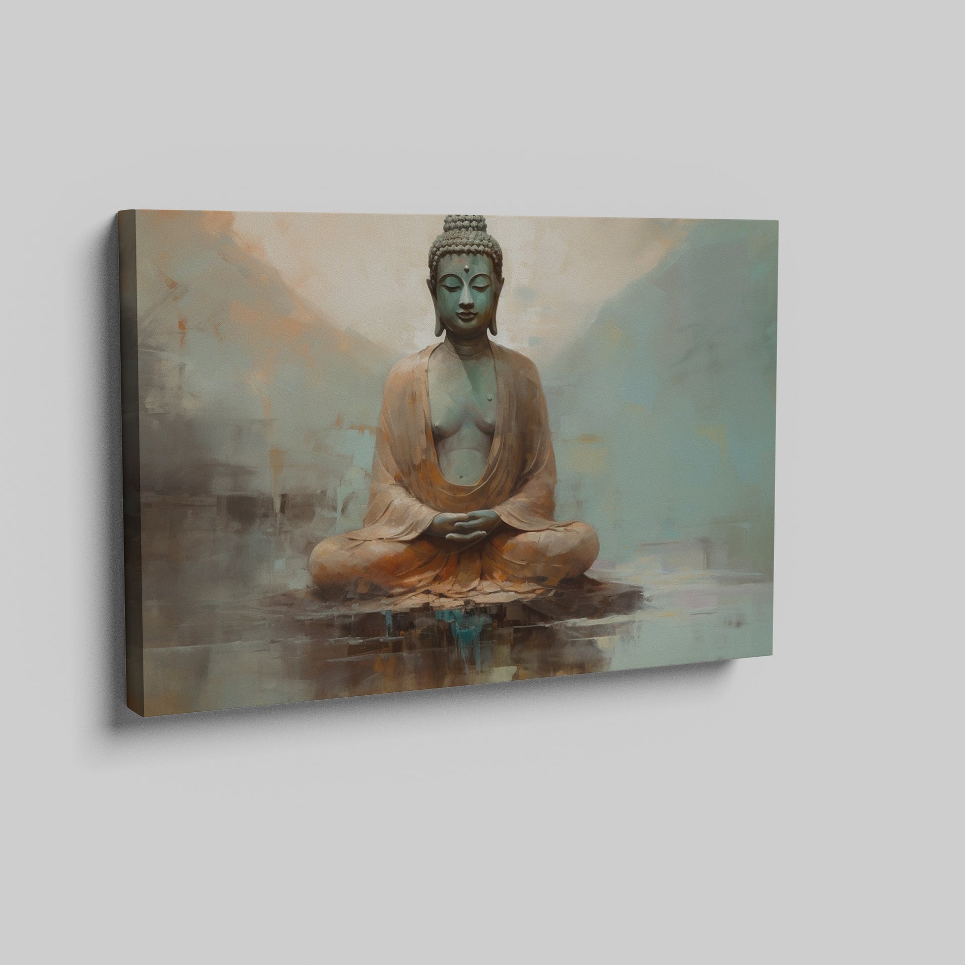 Framed canvas print of a serene Buddha in meditative pose with earthy tones