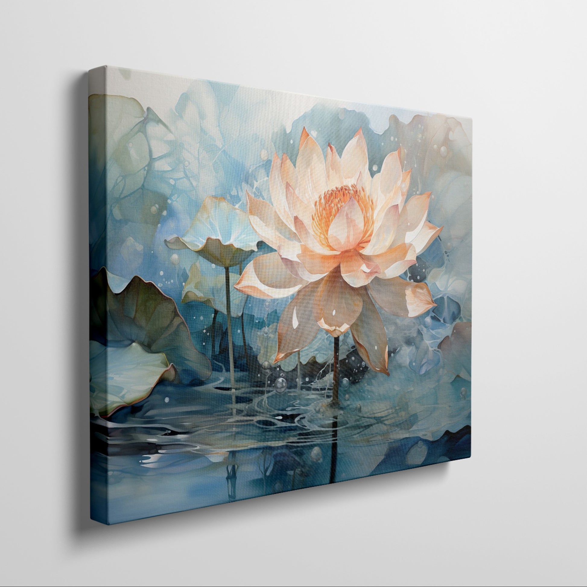 Framed canvas print of a blooming lotus flower with lush blue and orange hues