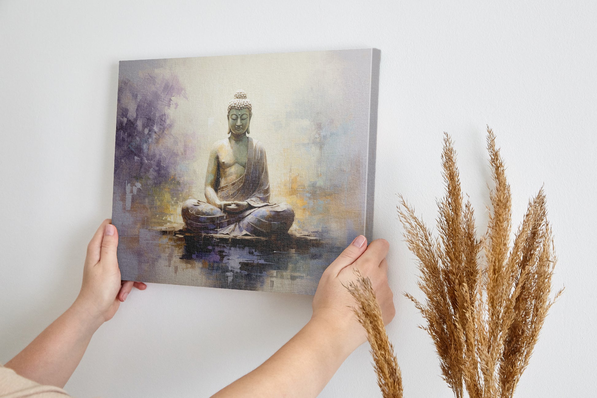 Framed canvas print depicting a serene Buddha in meditation, with textured strokes and a peaceful color palette