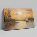 Canvas print of a sunset with orange skies, sailboat on calm lake, and tree silhouettes