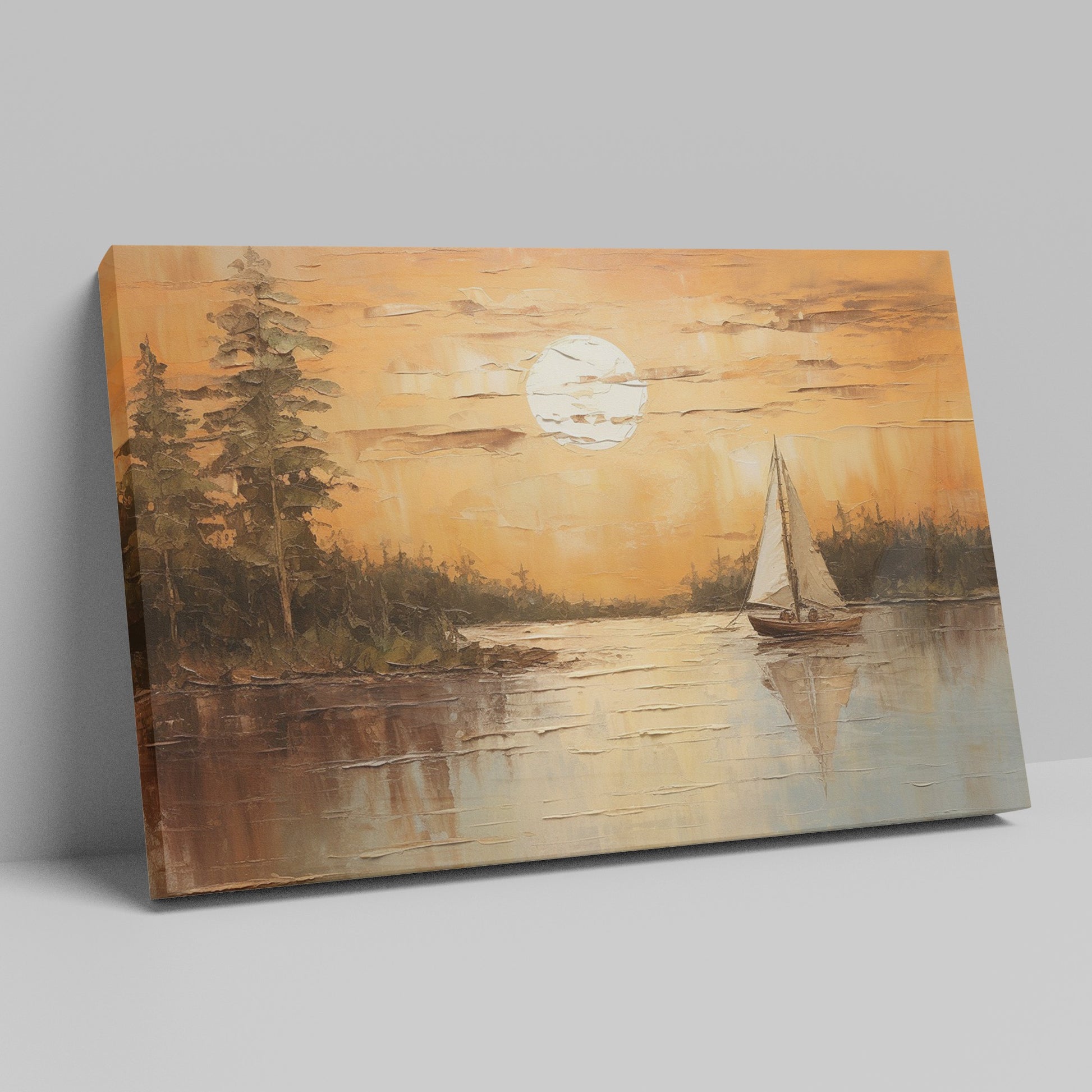 Canvas print of a sunset with orange skies, sailboat on calm lake, and tree silhouettes