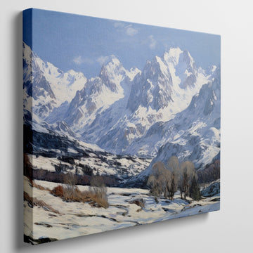 Framed canvas painting of snow-covered mountains with blue and white tones