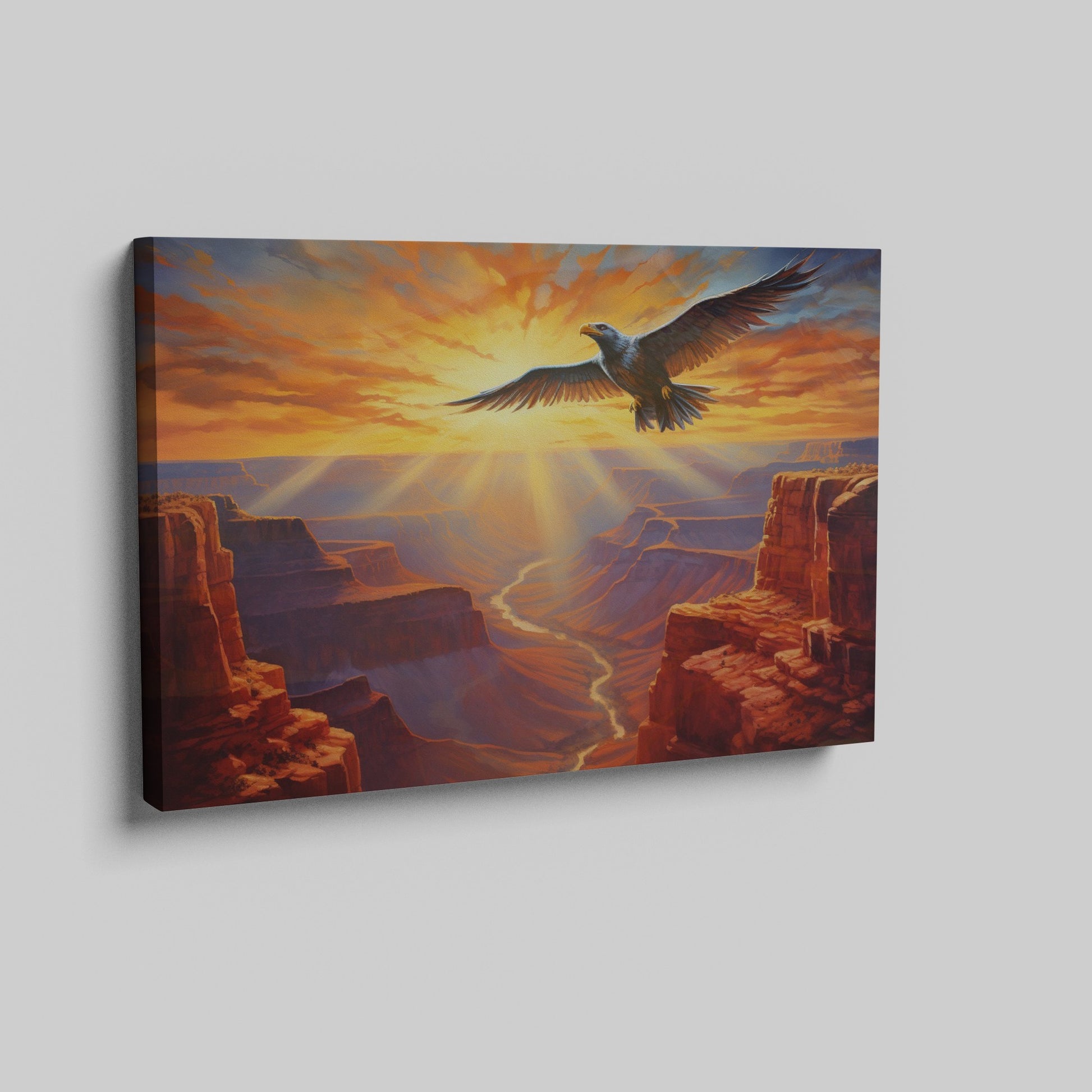 Framed canvas print of a majestic eagle soaring over a stunning canyon at sunset with radiant orange and red hues