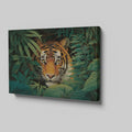 Canvas print of a tiger in a jungle with vivid green leaves around it