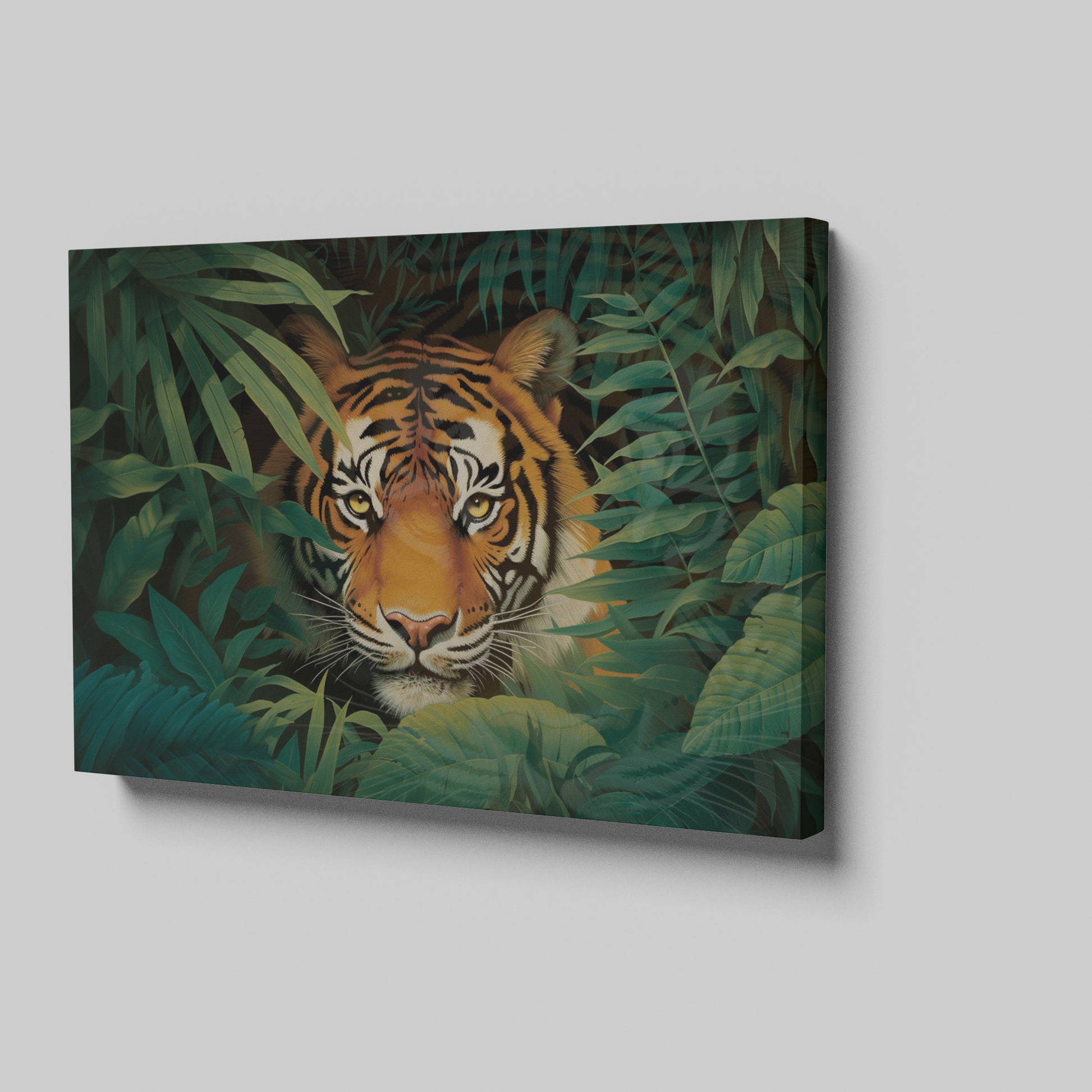 Canvas print of a tiger in a jungle with vivid green leaves around it